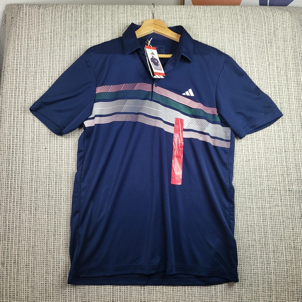 Adidas Polo Shirt Mens Medium Navy Blue Core Chest Stripe Golf Athletic IX2012